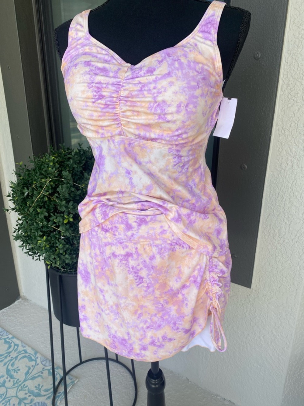 Isaac Mizrahi Bridge Hampton Lavender and Peach Tie-Dye Ruched Mini